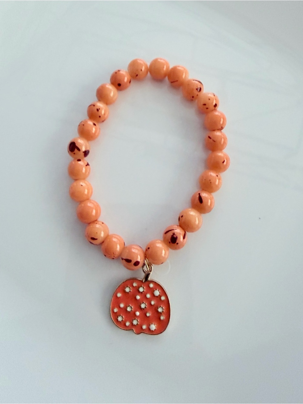 Fall Orange Bead Stretch Bracelet with Enamel Pumpkin Charm Handmade Jewelry
